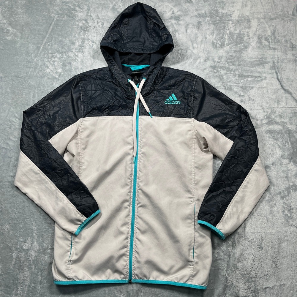 Adidas Windbreaker Jacket Mens Grey Black‎ Teal Hooded Full Zip Colorblock S